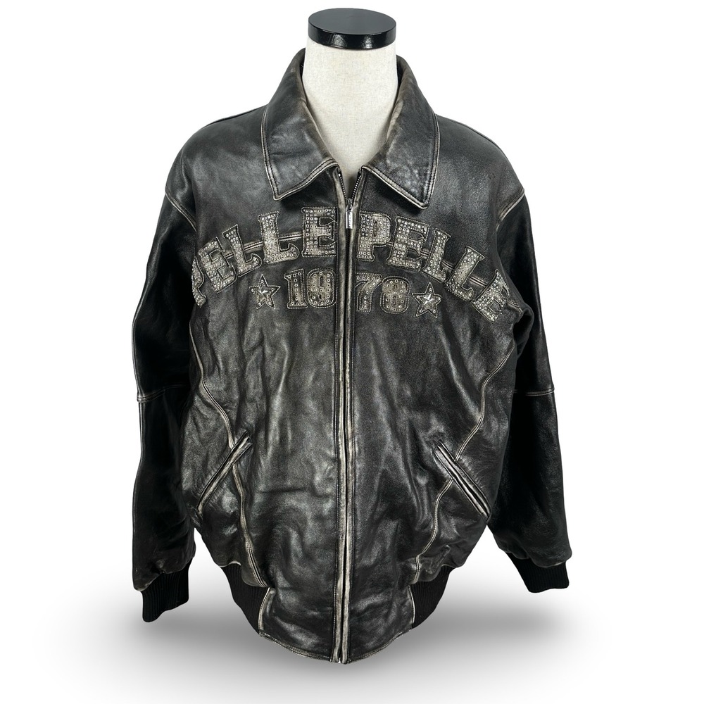 Y2K Pelle Pelle  Buchanan Leather Jacket Black Studded Soda Club Wolf Men's 50